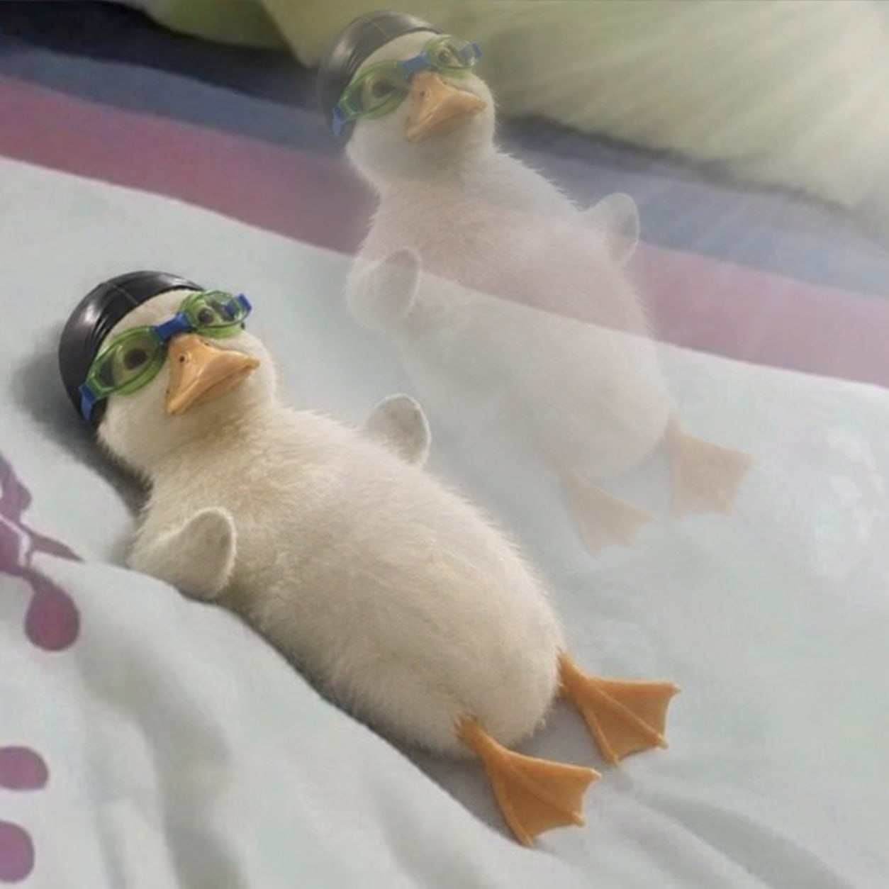 nas aura the duckling relaxing in goggles and swim cap